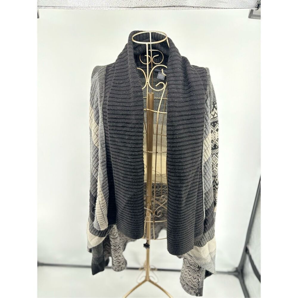 Chelsea & Theodore Open Front Cardigan Sweater Gray Black Pattern XL